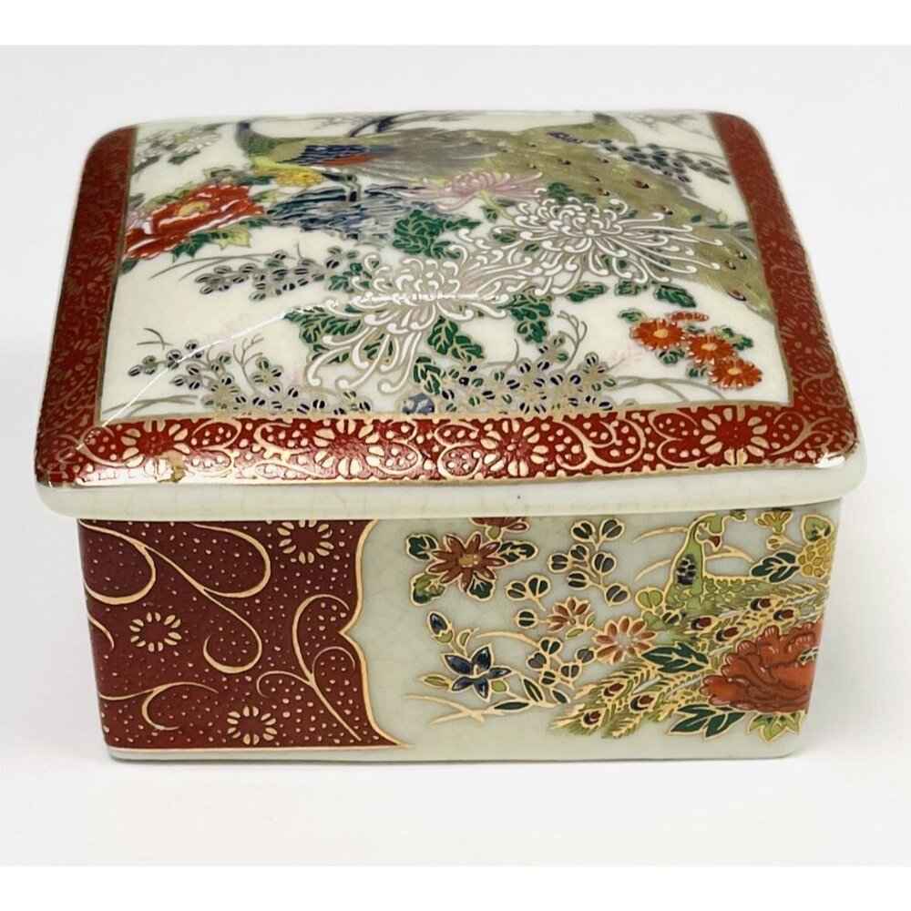 VTG MIYAKO 3" Handpainted Square Porcelain Peacock Floral TRINKET BOX Japan